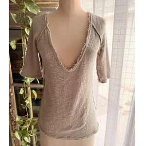 Free People We The Free Francis Tee Cozy Deep V Neck Taupe Beige Large